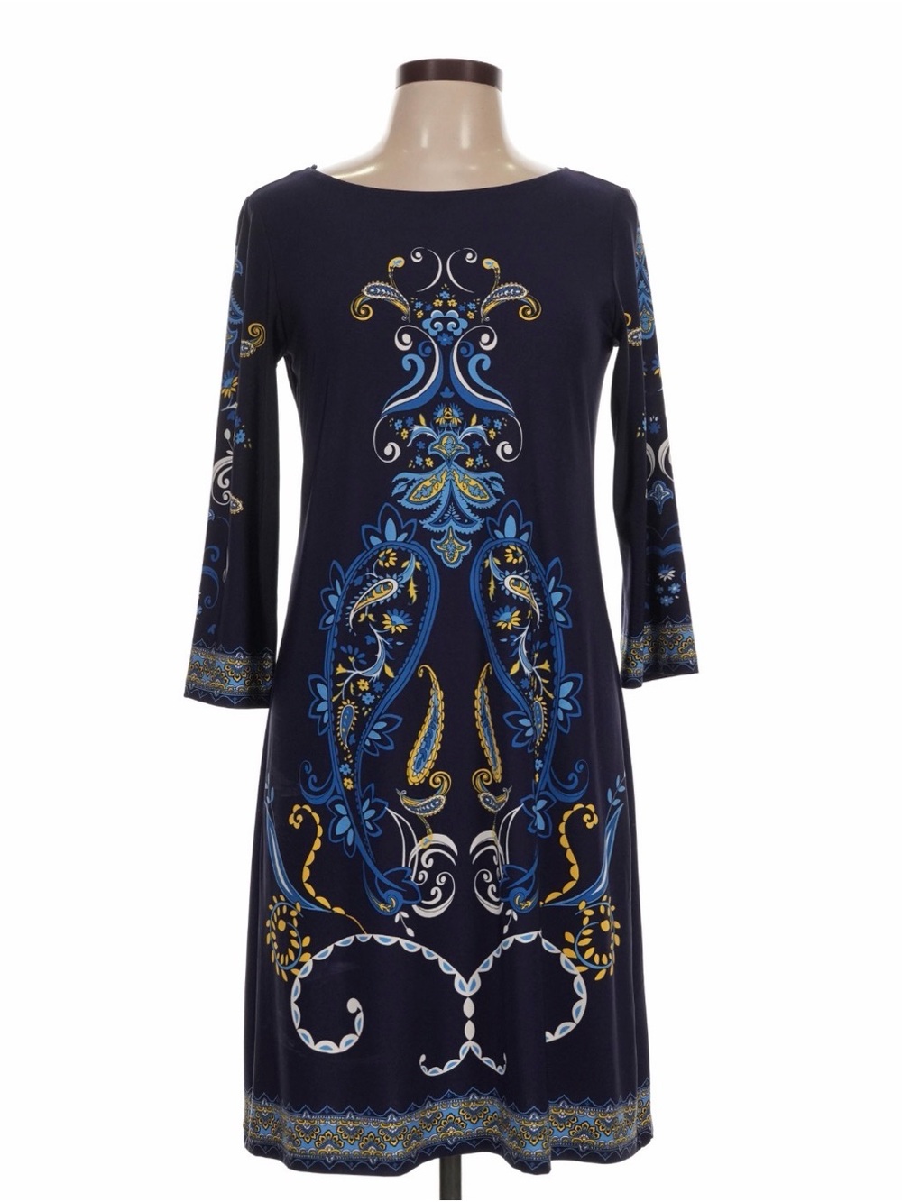 London Times Navy Blue Paisley-Print Midi Dress Size 10